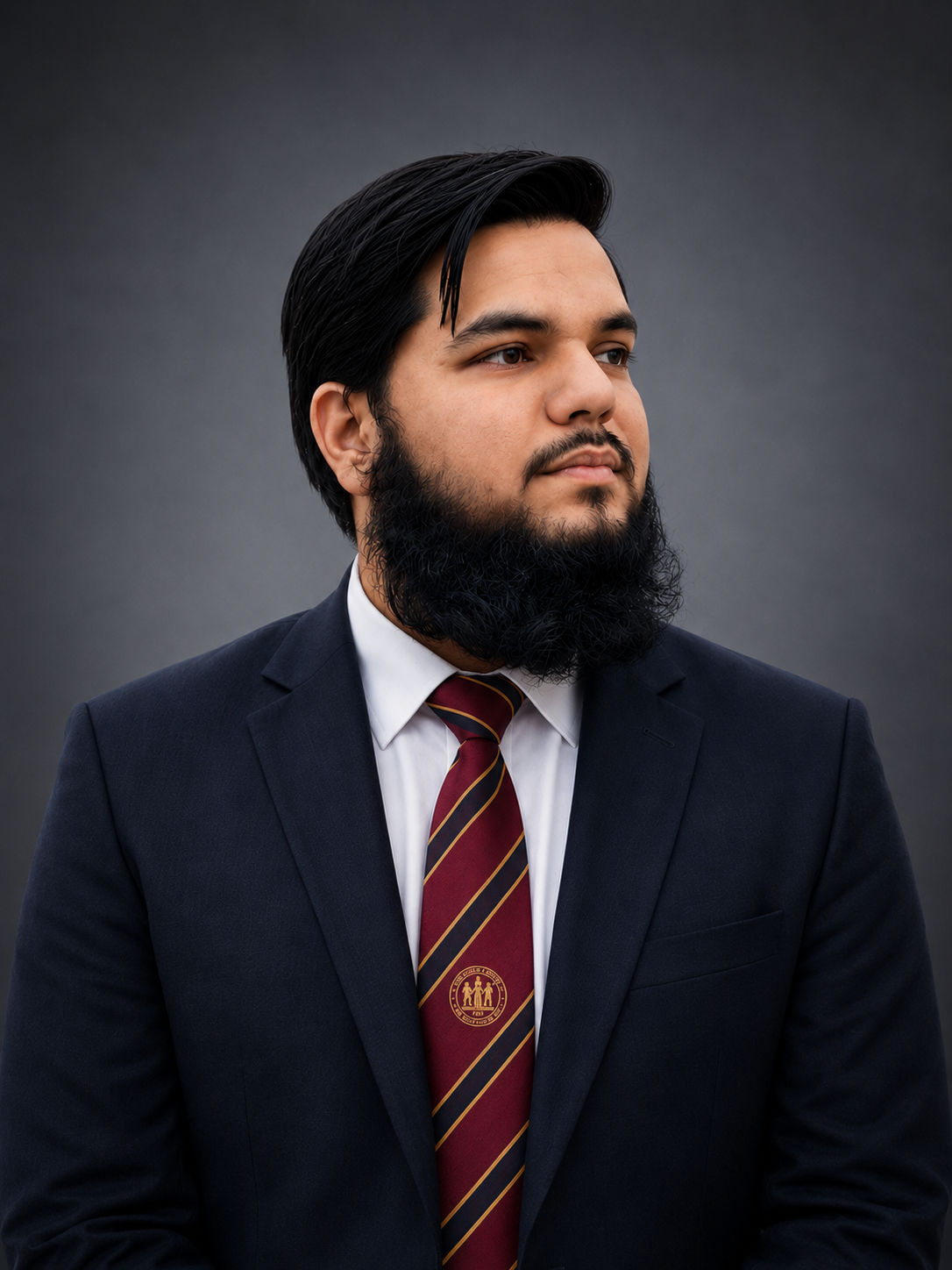 Formal studio portrait of Fardeen Ahmad Khan in a navy suit
